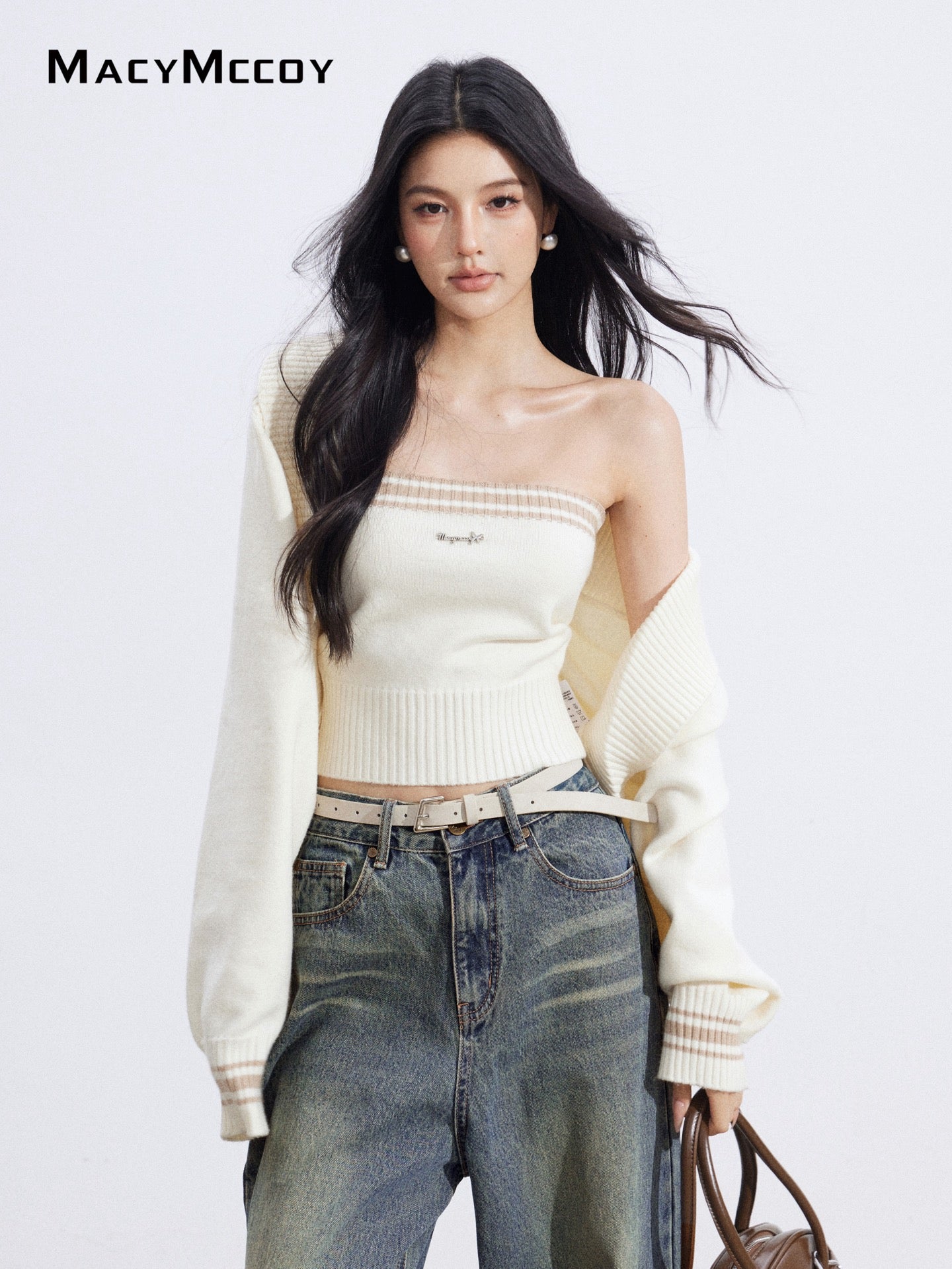 MacyMccoy MMC2026003 Color blocking shawl knitted two-piece set