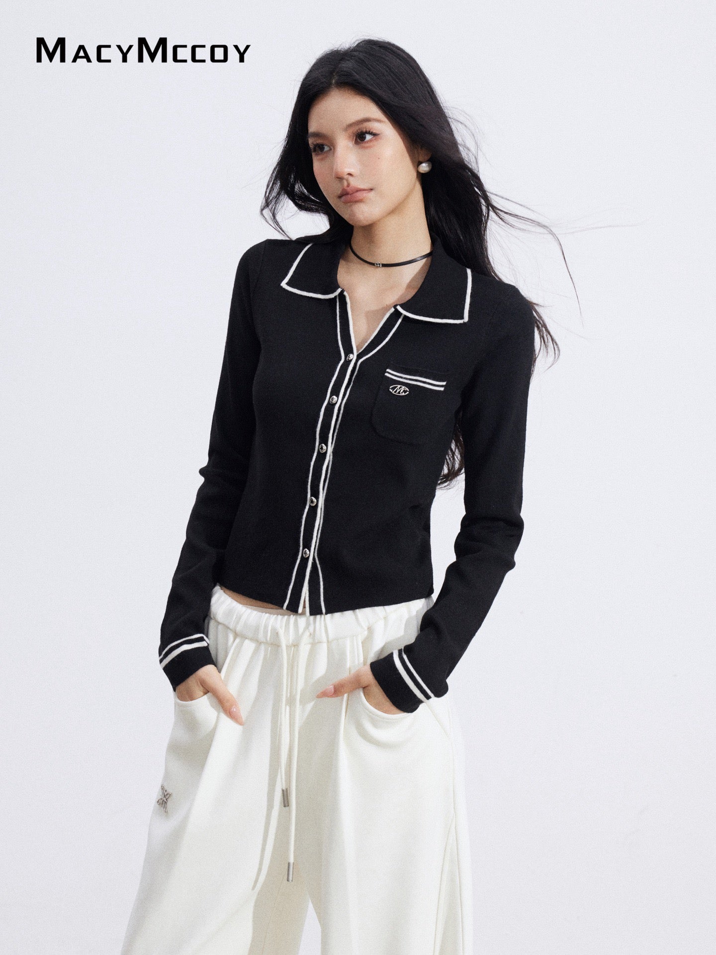 MacyMccoy MMC2026006 Polo collar contrasting knit top