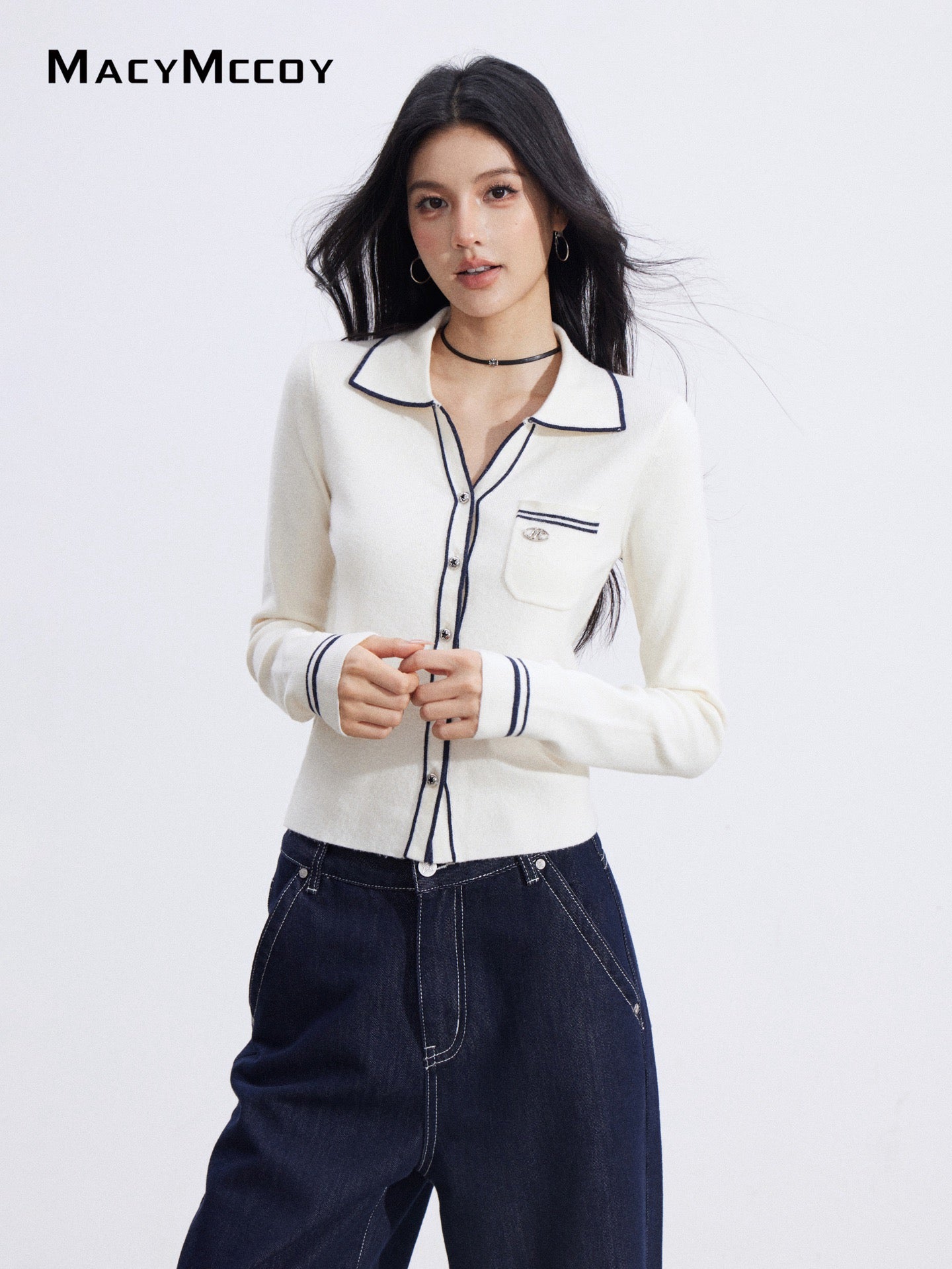 MacyMccoy MMC2026006 Polo collar contrasting knit top