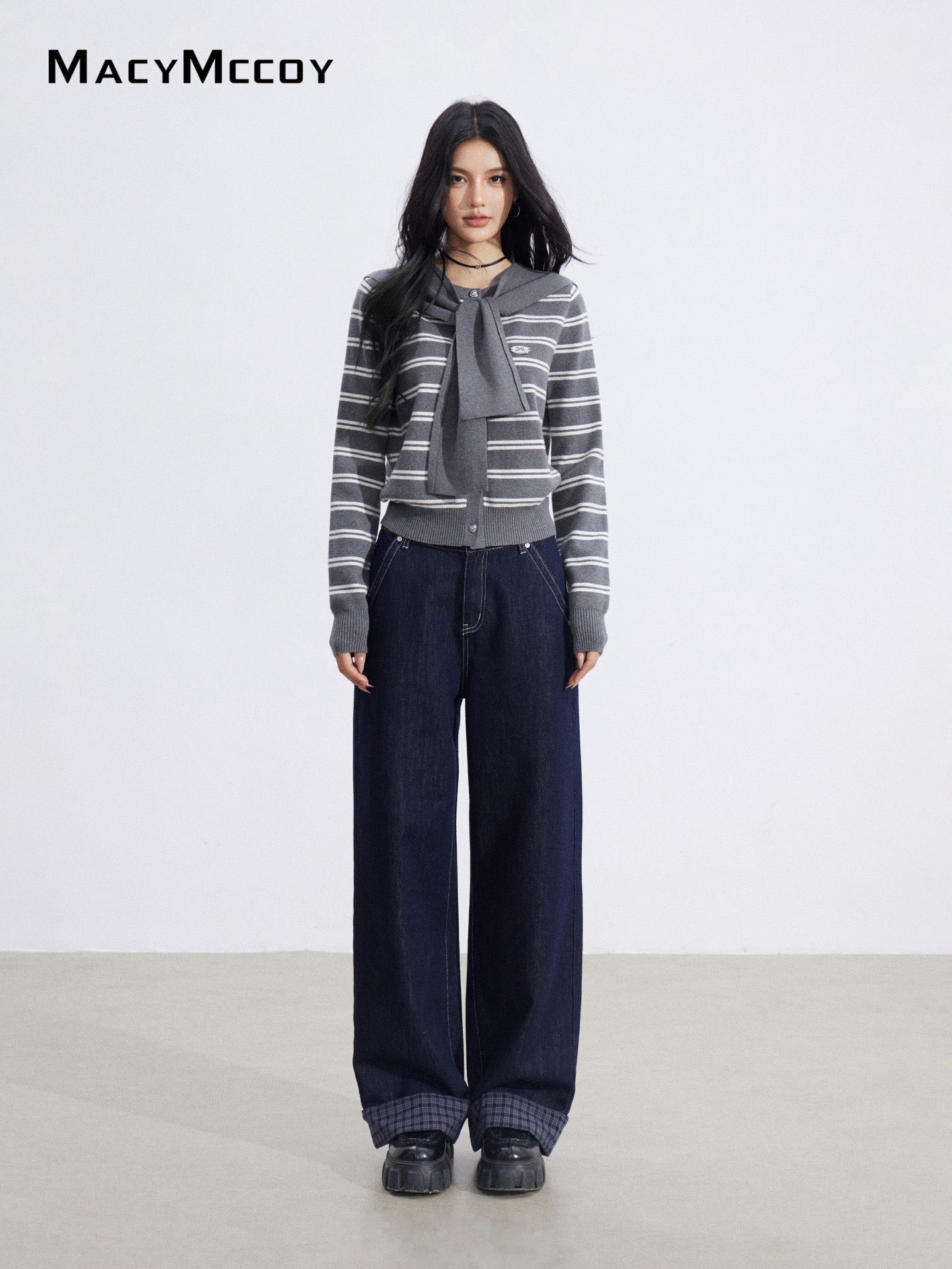 MacyMccoy MMC2026010 Striped shawl knitted two-piece set