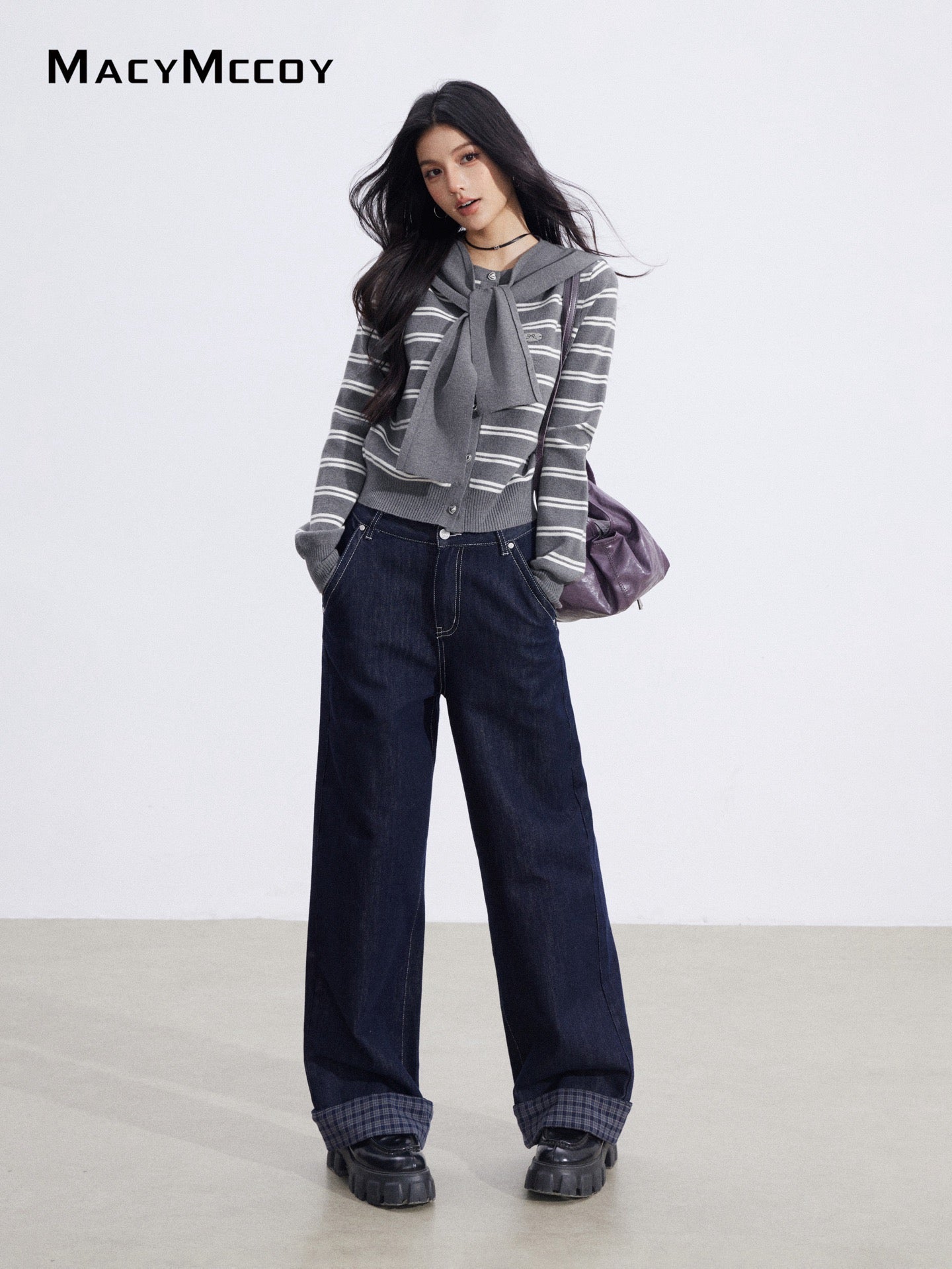 MacyMccoy MMC2026010 Striped shawl knitted two-piece set