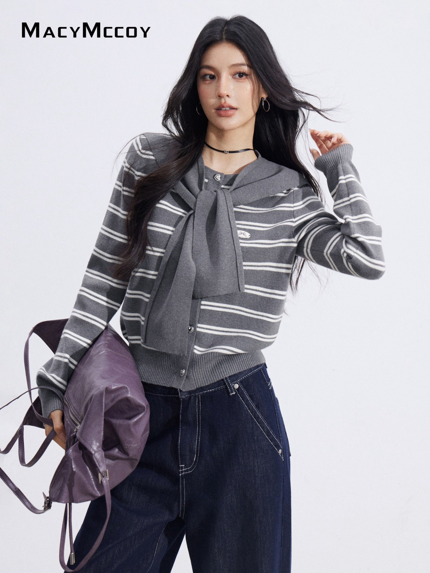 MacyMccoy MMC2026010 Striped shawl knitted two-piece set