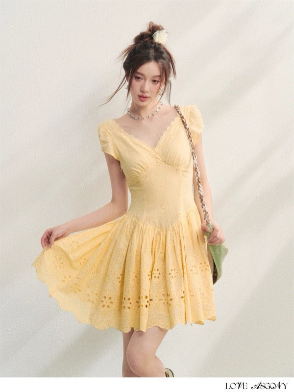 AsGony ASG25213 Hollow embroidered V-neck dress