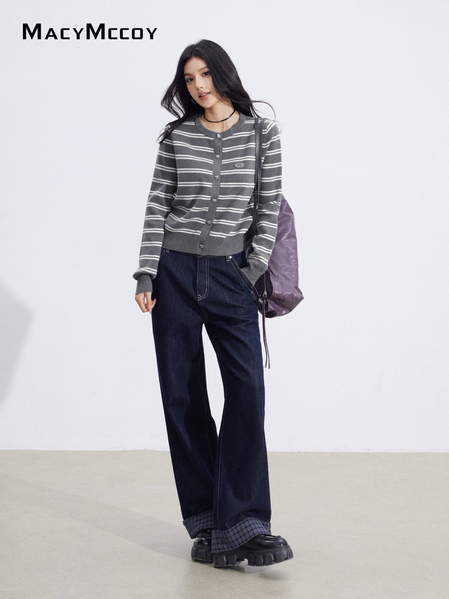 MacyMccoy MMC2026010 Striped shawl knitted two-piece set