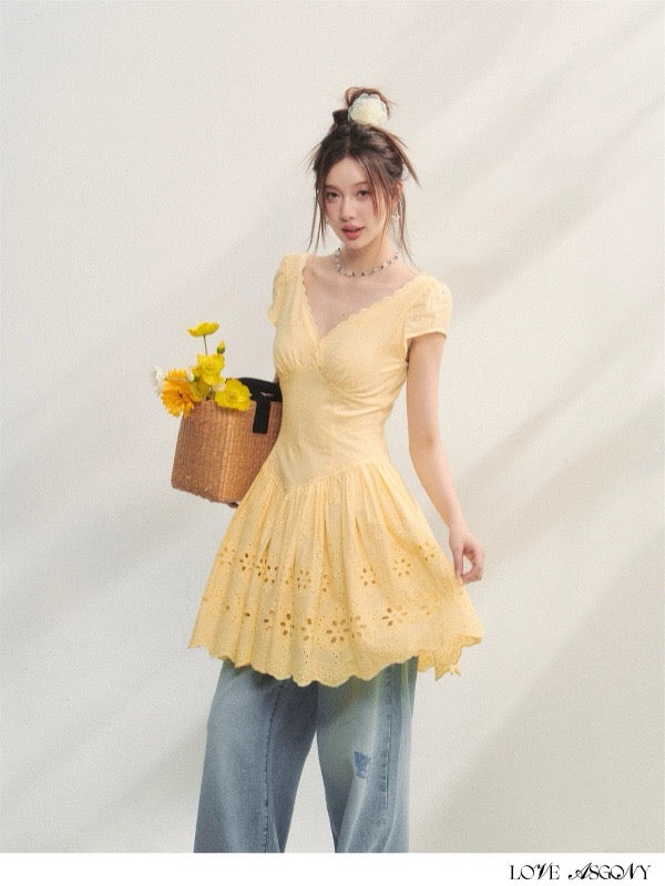 AsGony ASG25213 Hollow embroidered V-neck dress