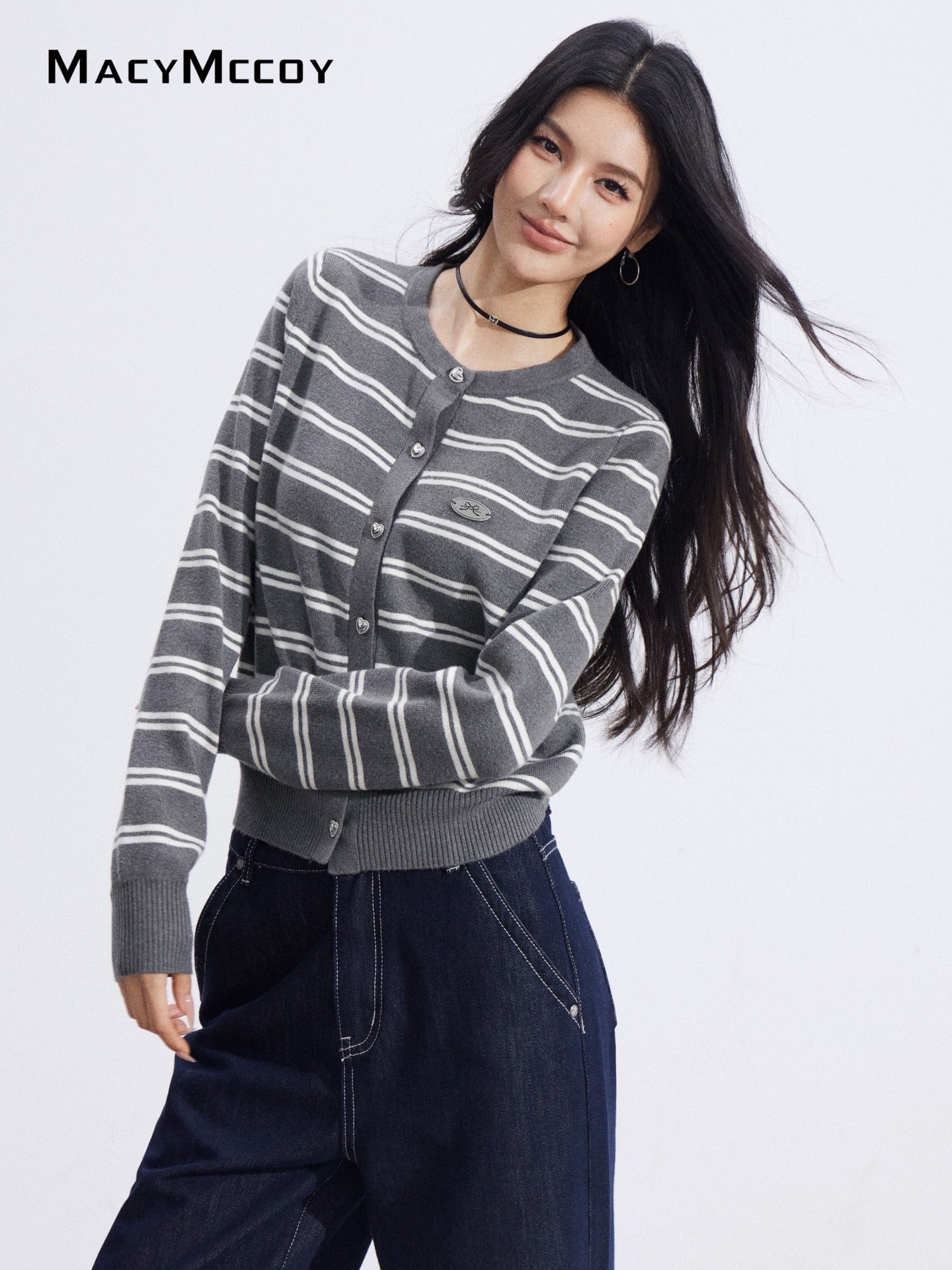 MacyMccoy MMC2026010 Striped shawl knitted two-piece set