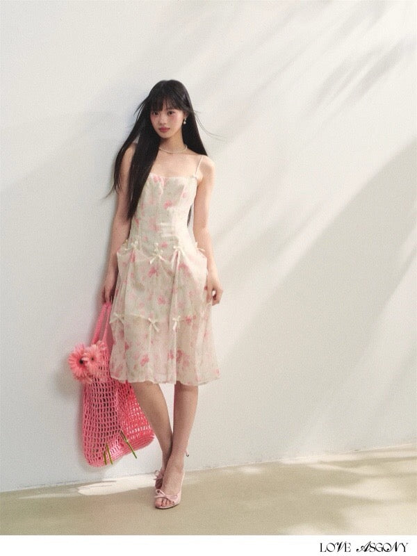 AsGony ASG25215 Printed suspender chiffon dress