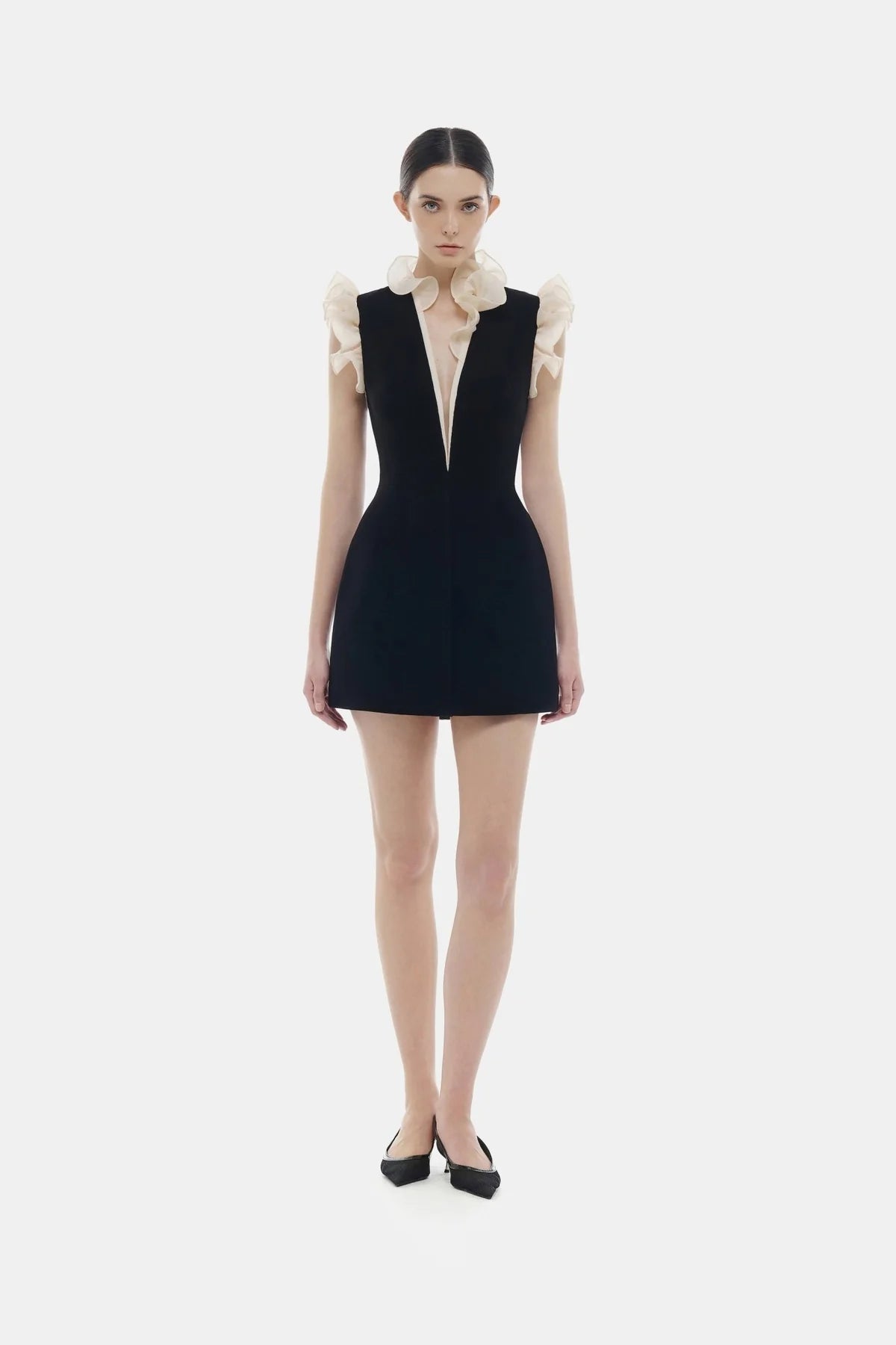 Montsand Black Ruffle Vneck Mini Dress