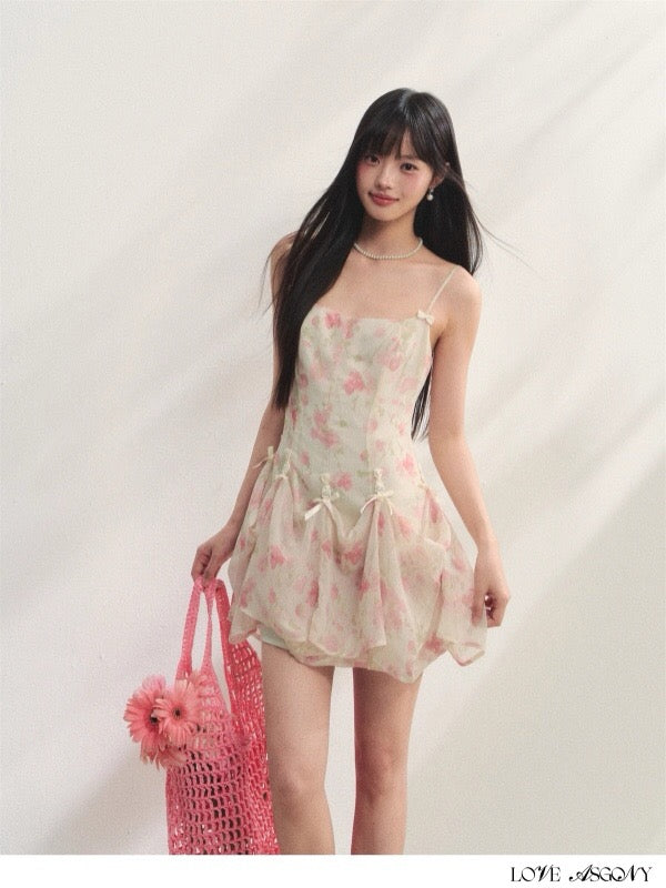 AsGony ASG25215 Printed suspender chiffon dress