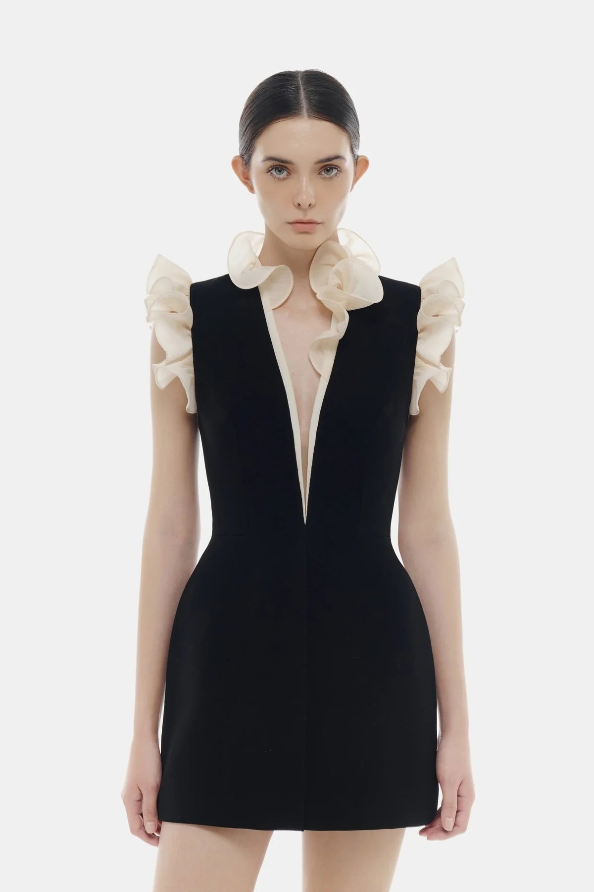 Montsand Black Ruffle Vneck Mini Dress
