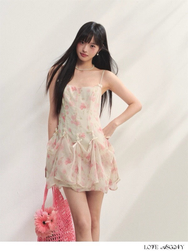 AsGony ASG25215 Printed suspender chiffon dress