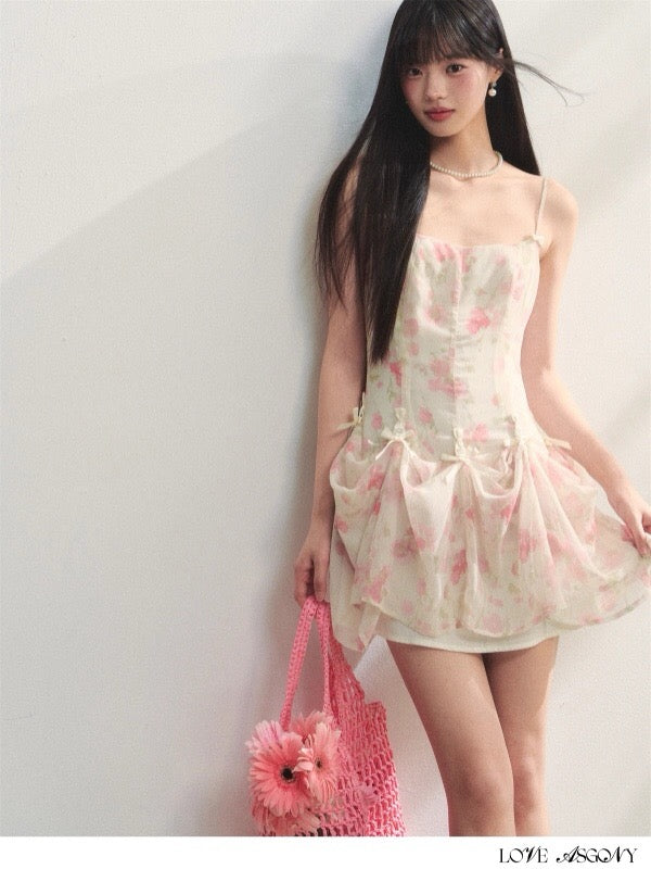 AsGony ASG25215 Printed suspender chiffon dress