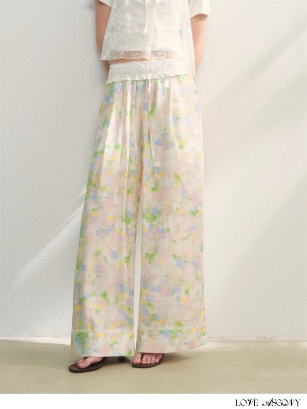 AsGony ASG25227 Floral lace patchwork strap loose pants