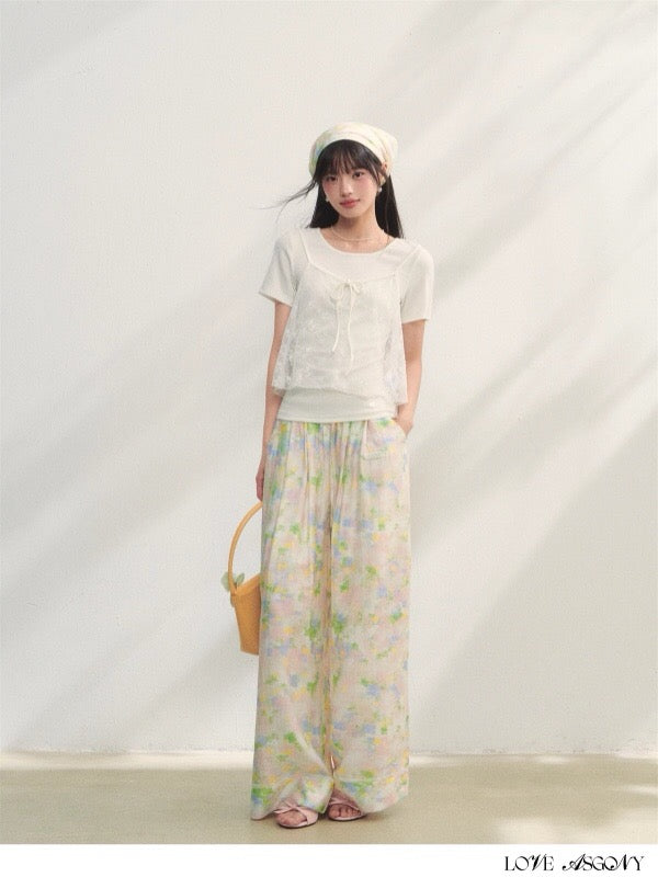 AsGony ASG25227 Floral lace patchwork strap loose pants