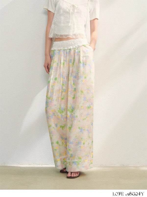 AsGony ASG25227 Floral lace patchwork strap loose pants