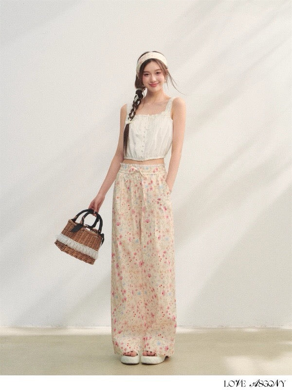 AsGony ASG25227 Floral lace patchwork strap loose pants