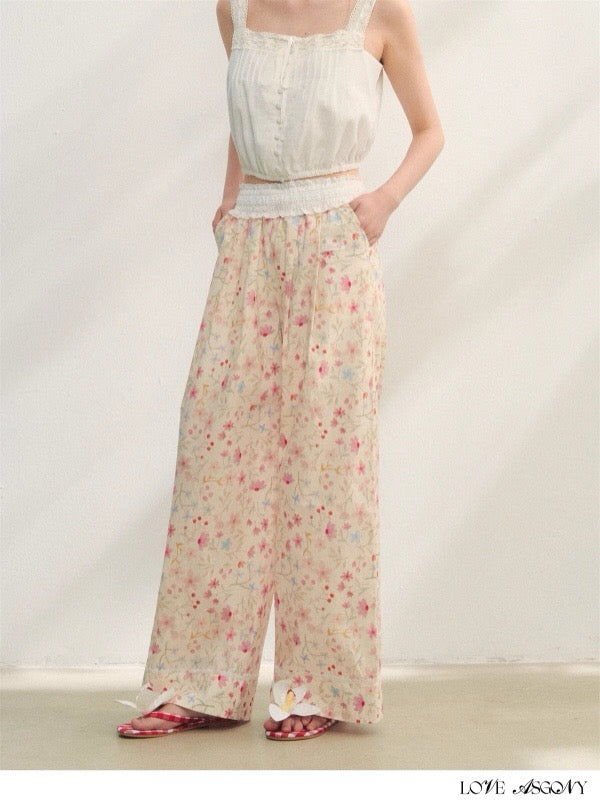 AsGony ASG25227 Floral lace patchwork strap loose pants