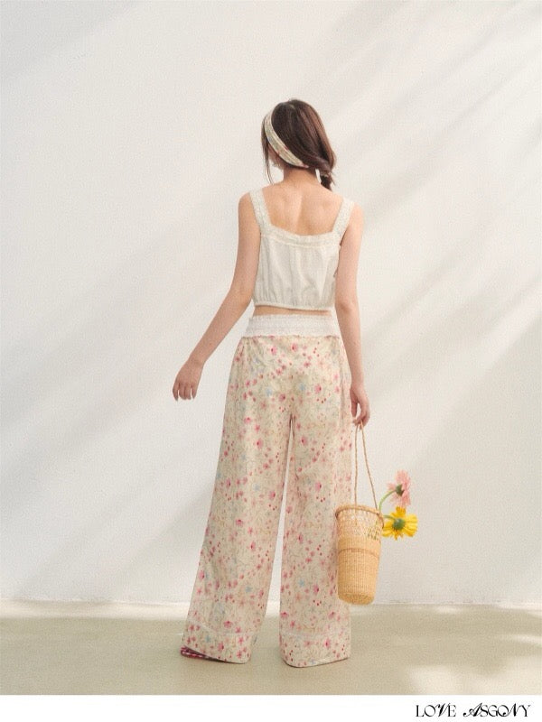 AsGony ASG25227 Floral lace patchwork strap loose pants