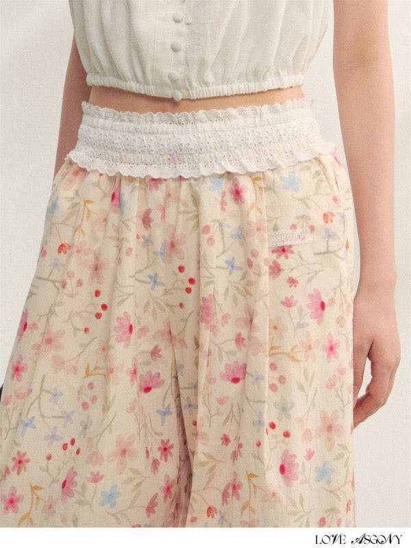 AsGony ASG25227 Floral lace patchwork strap loose pants