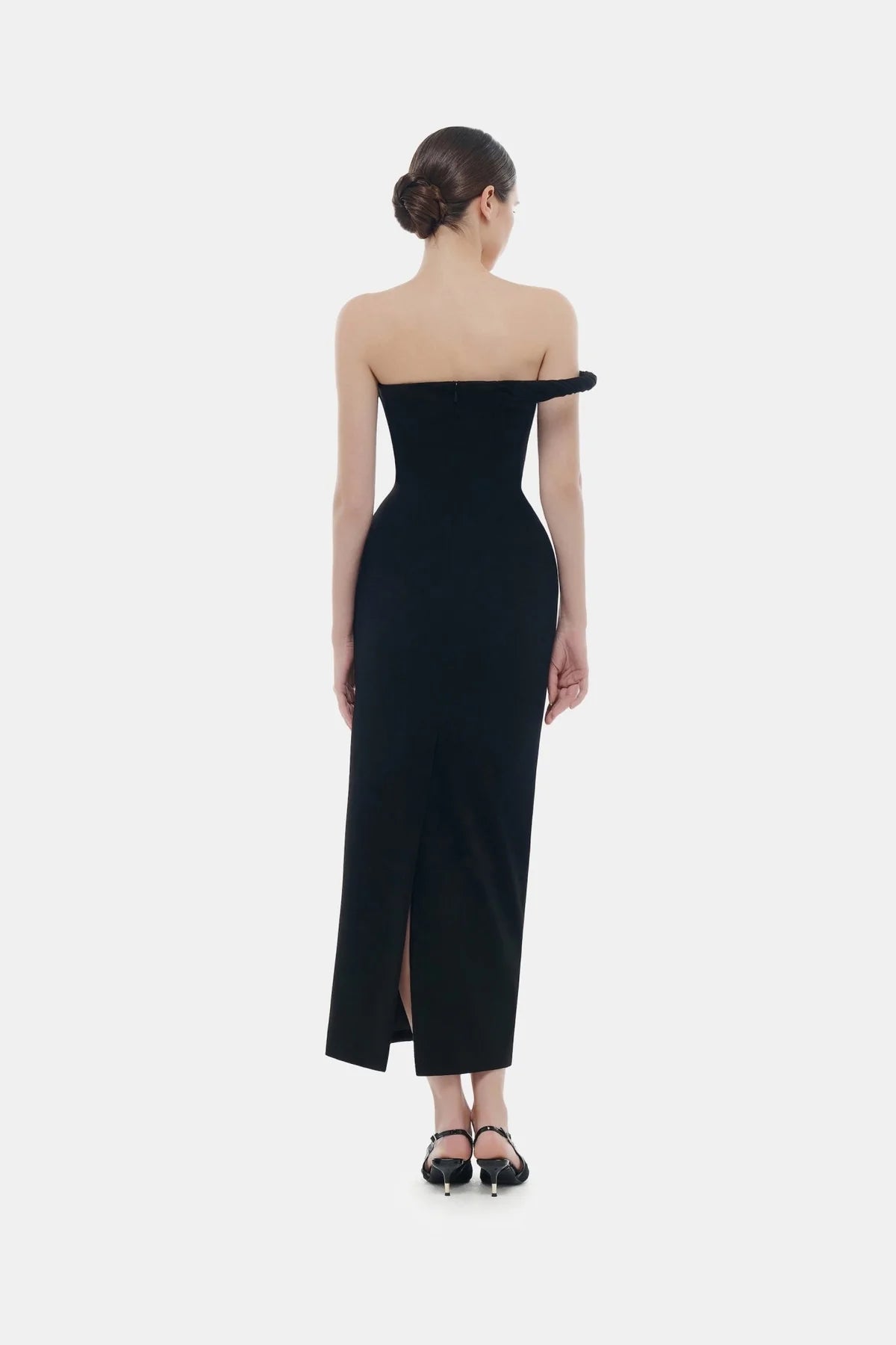 Montsand Black One-off Shoulder Draped Midi Dress