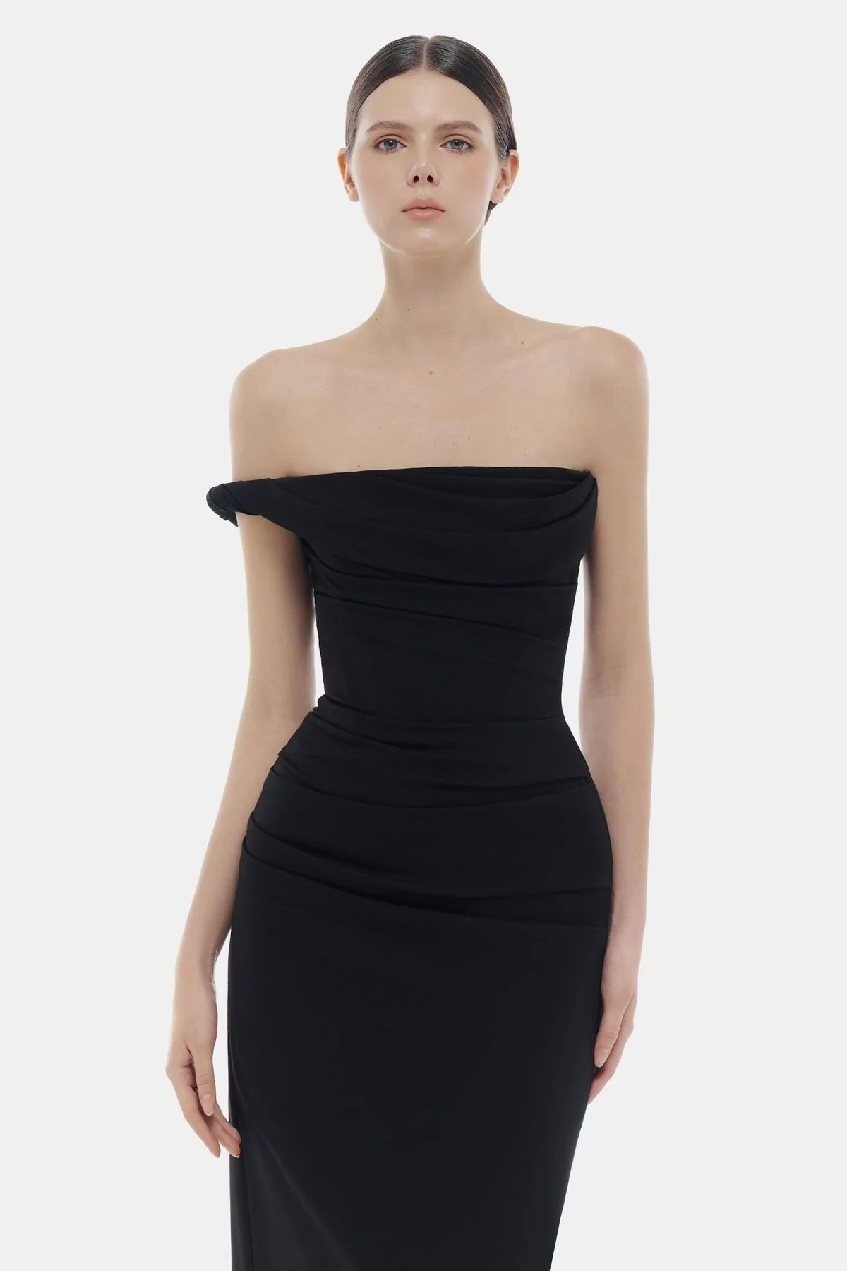 Montsand Black One-off Shoulder Draped Midi Dress