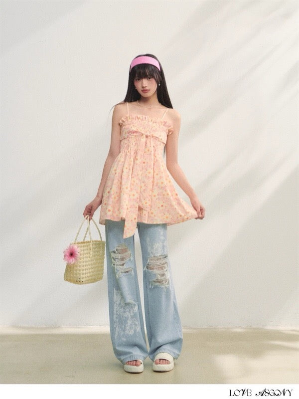 AsGony ASG25229 Lace patchwork printed jeans