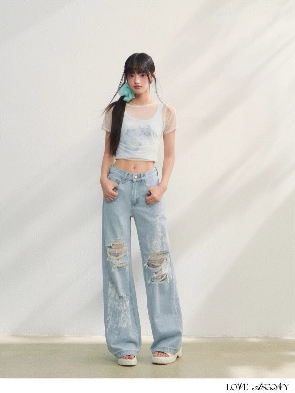 AsGony ASG25229 Lace patchwork printed jeans