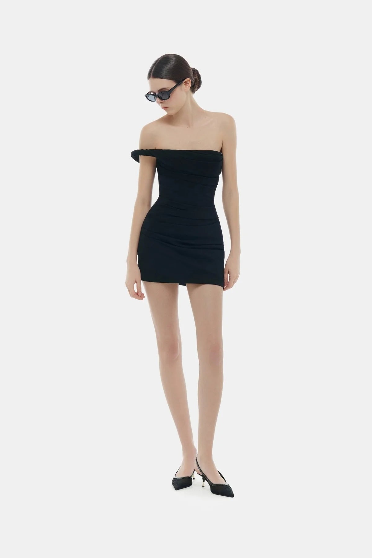 Montsand Black One-off Shoulder Draped Mini Dress