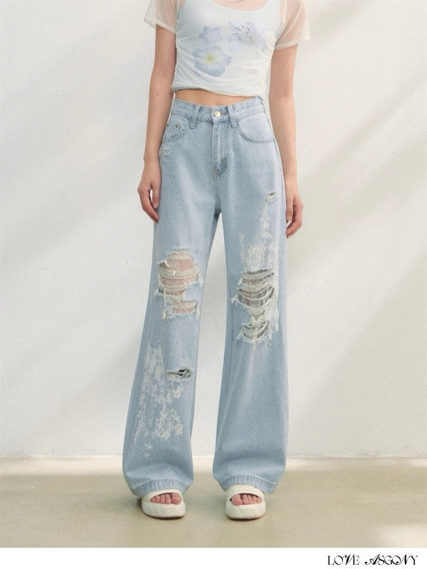AsGony ASG25229 Lace patchwork printed jeans