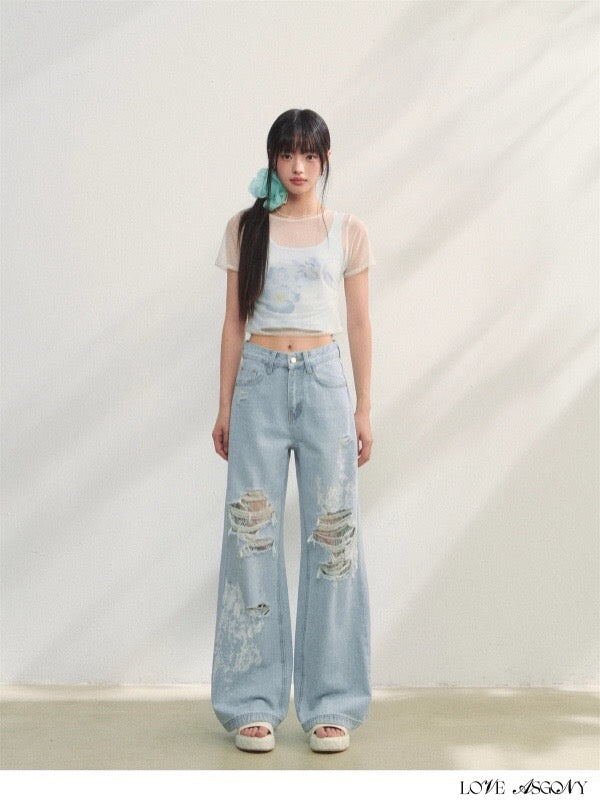 AsGony ASG25229 Lace patchwork printed jeans