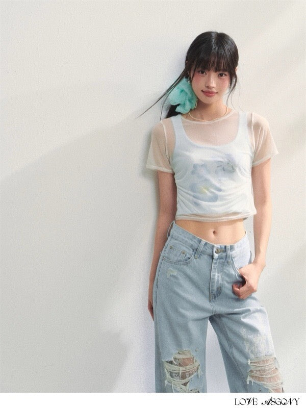 AsGony ASG25230 Flower print pleated T-shirt