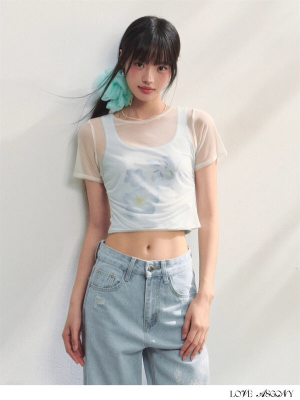 AsGony ASG25230 Flower print pleated T-shirt