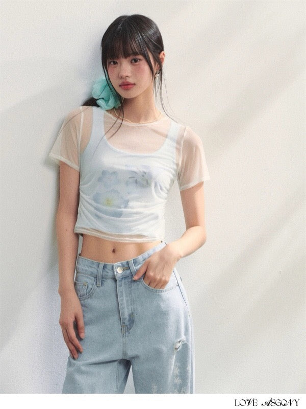 AsGony ASG25230 Flower print pleated T-shirt