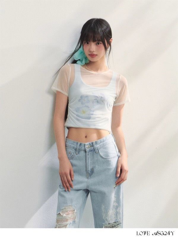 AsGony ASG25230 Flower print pleated T-shirt