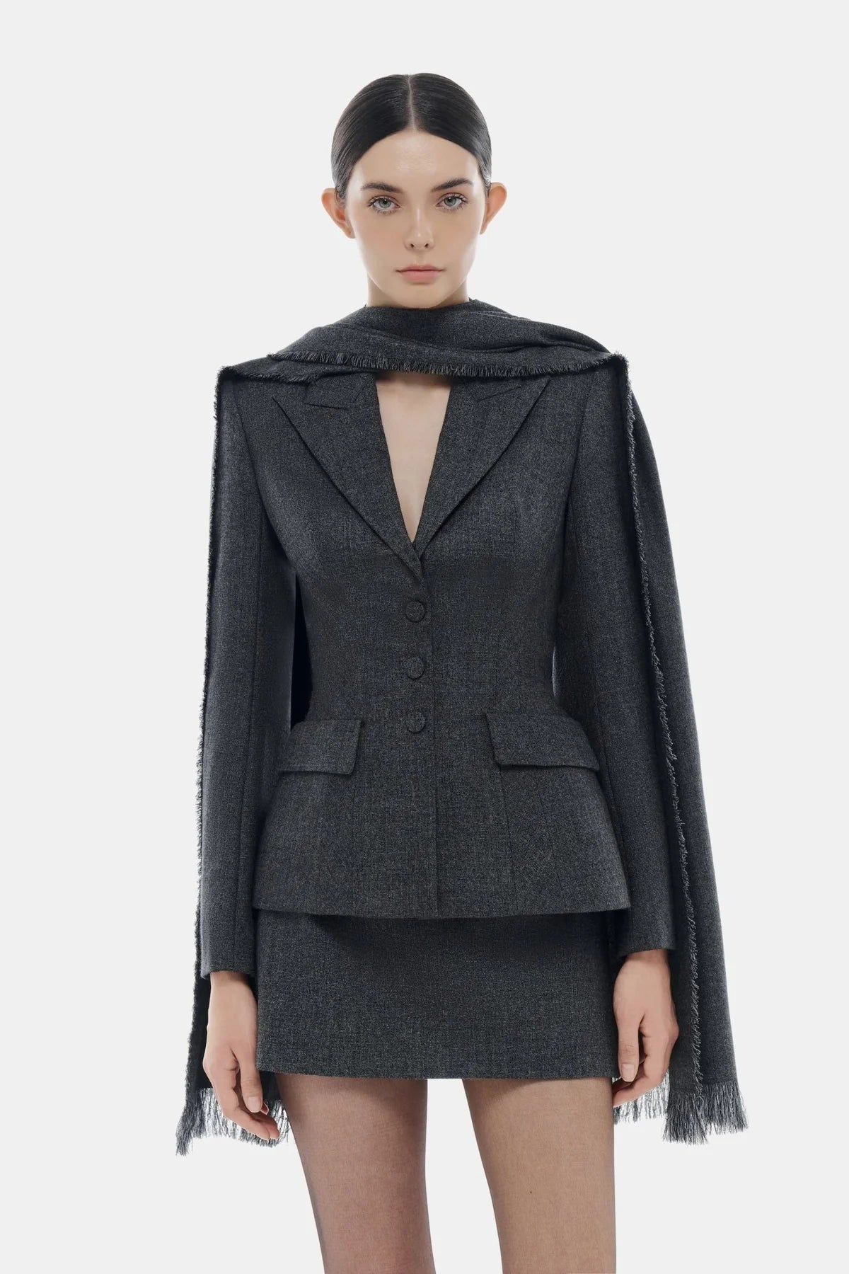 Montsand Grey Single Breast Blazer & Grey Mini Skirt