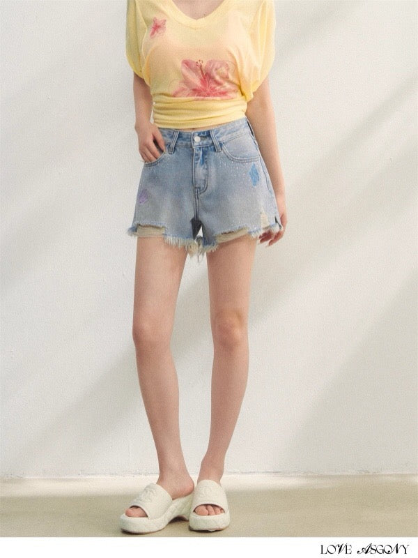AsGony ASG25234 Embroidered and rhinestone fringed denim shorts