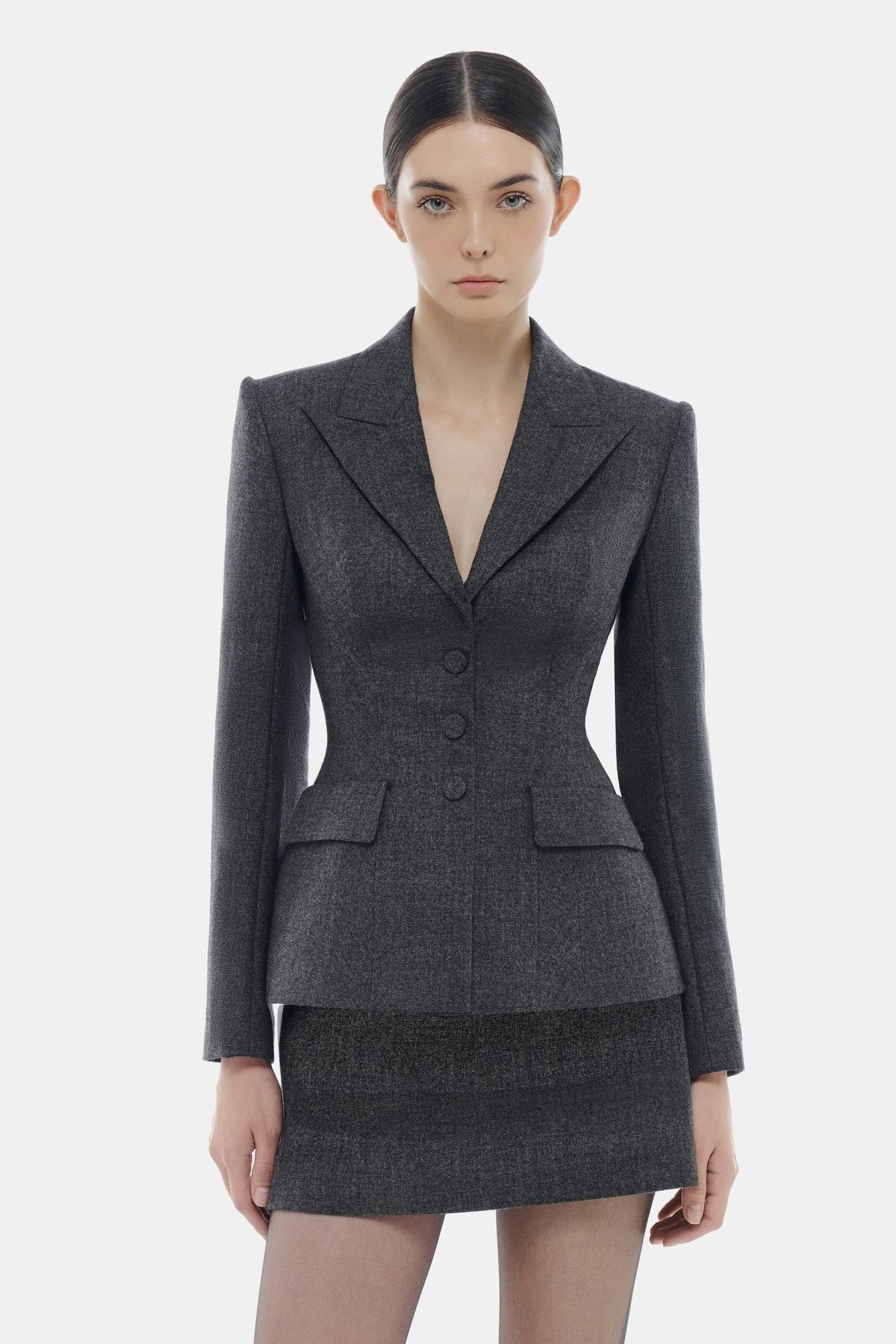 Montsand Grey Single Breast Blazer & Grey Mini Skirt