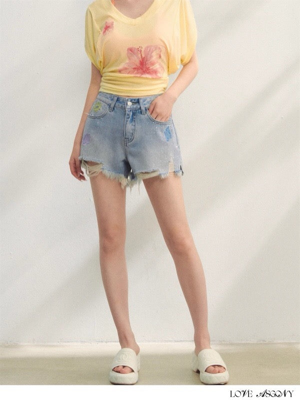 AsGony ASG25234 Embroidered and rhinestone fringed denim shorts