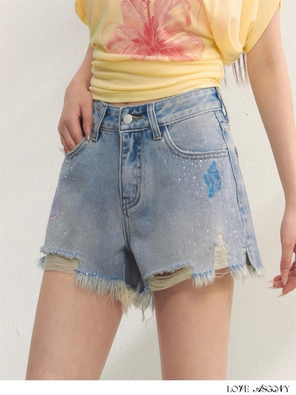 AsGony ASG25234 Embroidered and rhinestone fringed denim shorts
