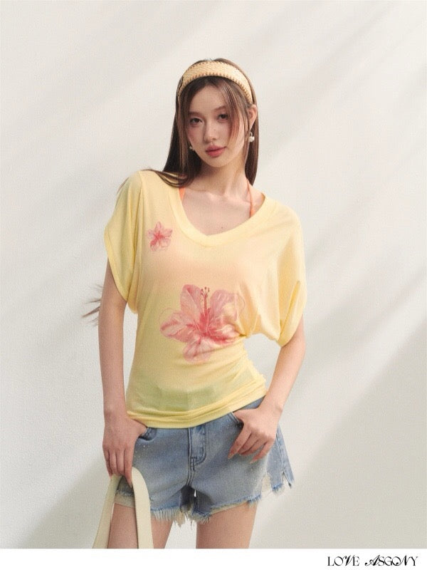AsGony ASG25236 Flower V-neck waist cinched short sleeved T-shirt (2color)