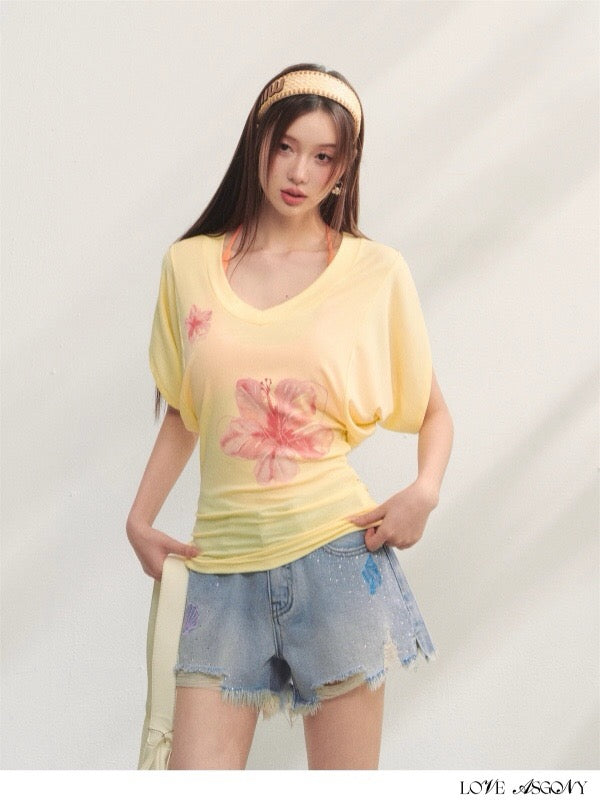 AsGony ASG25236 Flower V-neck waist cinched short sleeved T-shirt (2color)