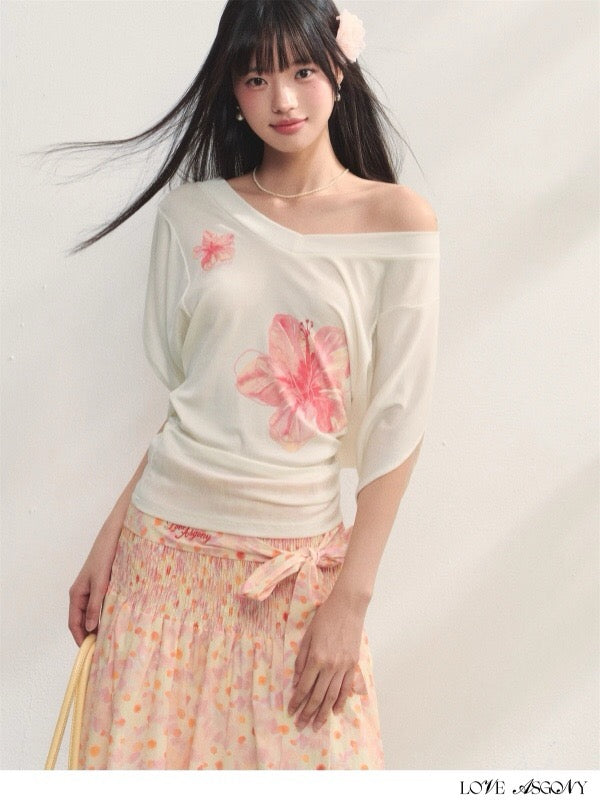 AsGony ASG25236 Flower V-neck waist cinched short sleeved T-shirt (2color)