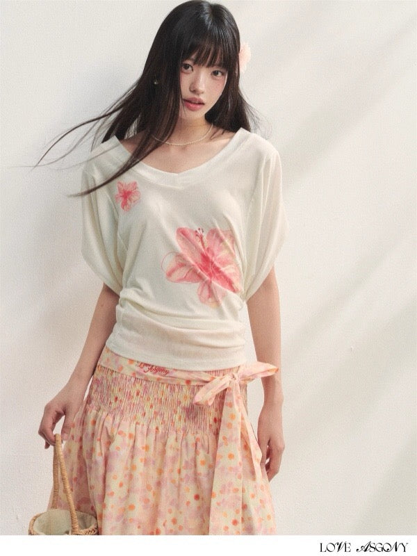 AsGony ASG25236 Flower V-neck waist cinched short sleeved T-shirt (2color)