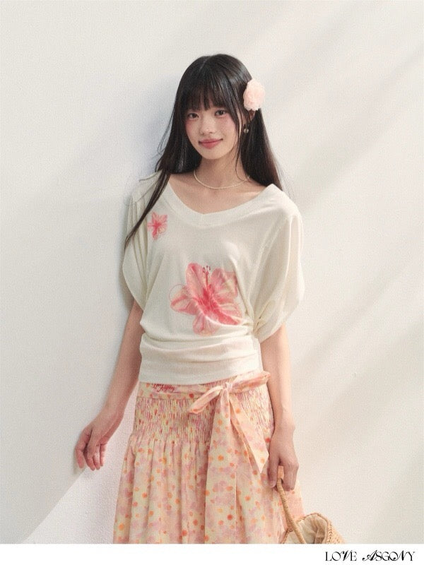 AsGony ASG25236 Flower V-neck waist cinched short sleeved T-shirt (2color)