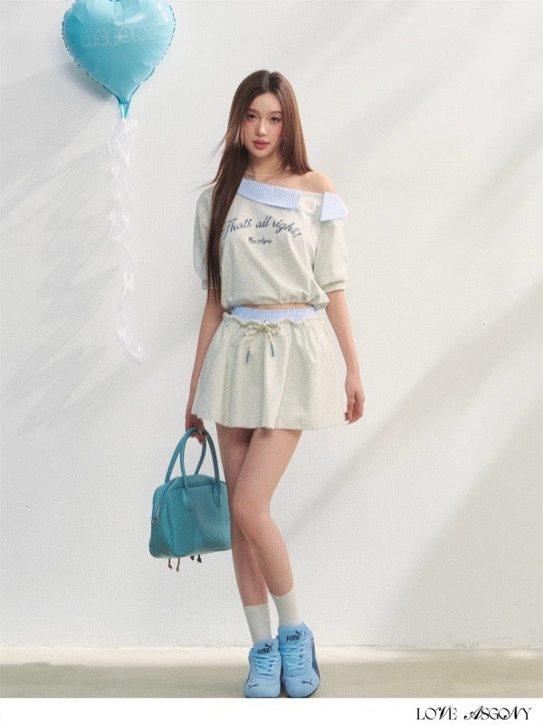 AsGony ASG25198&ASG25199 One shoulder striped embroidered printed top + skirt set
