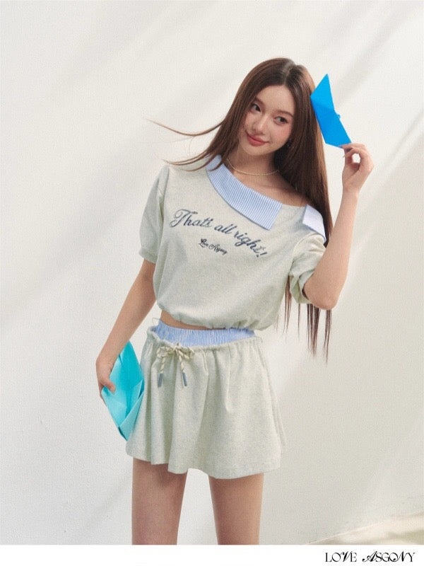 AsGony ASG25198&ASG25199 One shoulder striped embroidered printed top + skirt set
