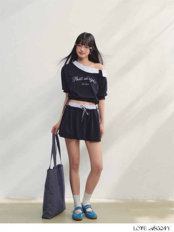 AsGony ASG25198&ASG25199 One shoulder striped embroidered printed top + skirt set