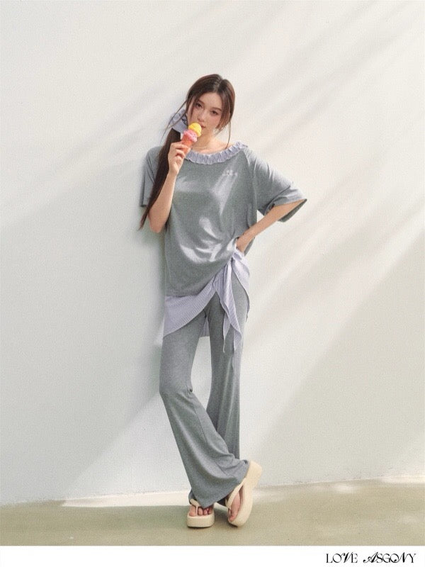 AsGony ASG25205&ASG25206 One shoulder plaid lace embroidered T-shirt + pantss set