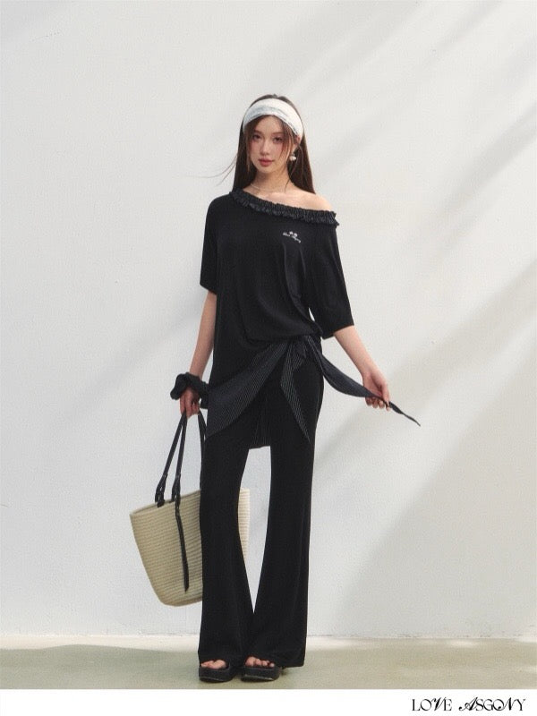 AsGony ASG25205&ASG25206 One shoulder plaid lace embroidered T-shirt + pantss set