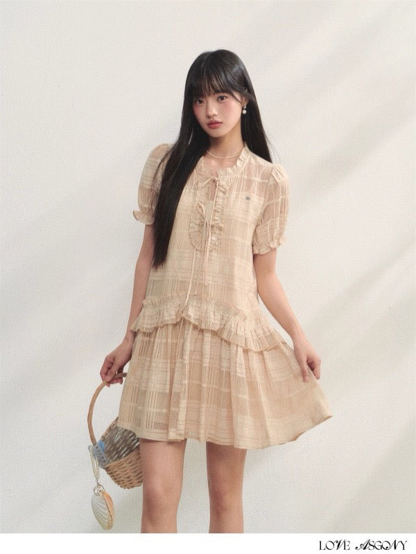 AsGony ASG25212 Plaid ruffle edge puffy sleeve dress